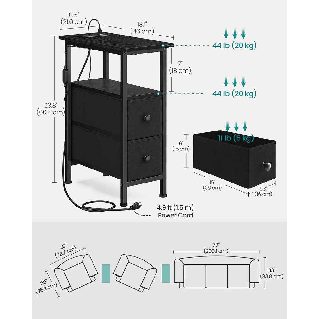 Songmics Side Table With Led Light, Narrow End Table With 2 Drawers, Nightstand With Charging Station, Bedside Tables For Small Space, Living Room, Bedroom, Ink Black, Bellah Collection Ulgs002B101