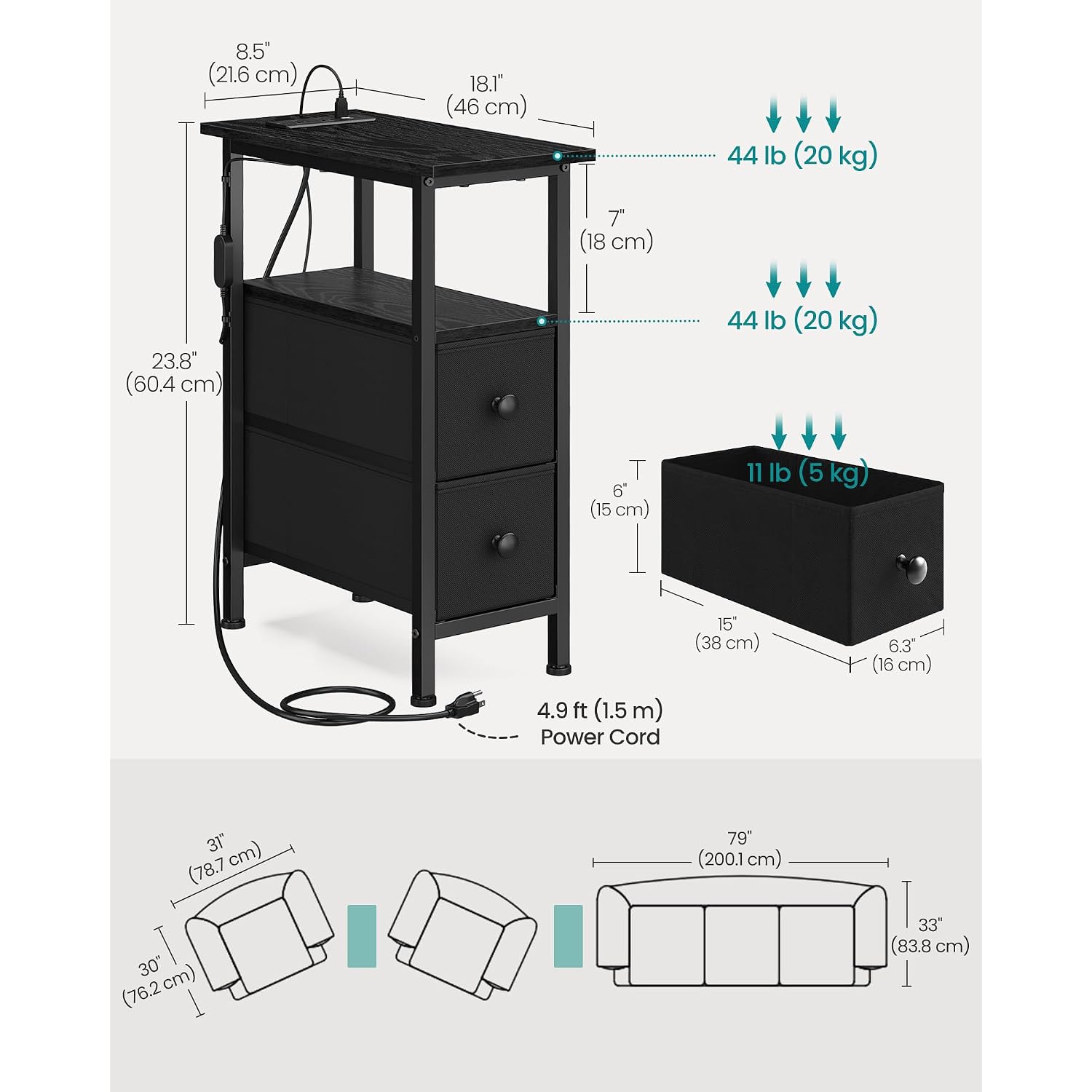 Songmics Side Table With Led Light, Narrow End Table With 2 Drawers, Nightstand With Charging Station, Bedside Tables For Small Space, Living Room, Bedroom, Ink Black, Bellah Collection Ulgs002B101