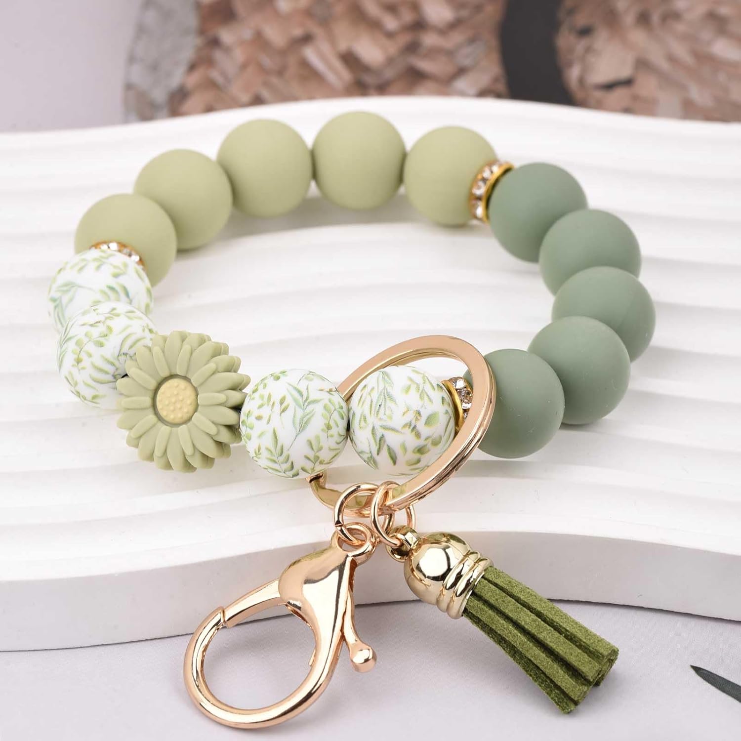 BAOSIWA Silicone Beaded Keychain Wristlet Key Ring Bracelet Cute Car Key Chain Holder for Women Girls