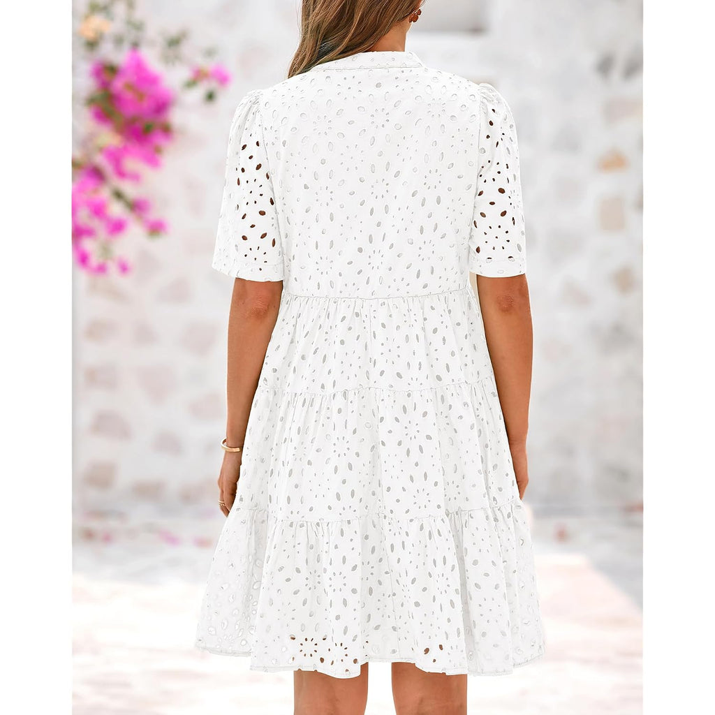 Btfbm Womens Boho Summer Dresses 2026 Spring V Neck Short Sleeve Hollow Out Lace Ruffle Casual Beach Mini Vacation Dress