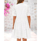Btfbm Womens Boho Summer Dresses 2026 Spring V Neck Short Sleeve Hollow Out Lace Ruffle Casual Beach Mini Vacation Dress