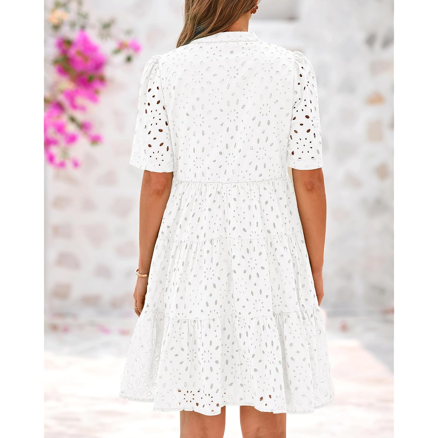 Btfbm Womens Boho Summer Dresses 2026 Spring V Neck Short Sleeve Hollow Out Lace Ruffle Casual Beach Mini Vacation Dress