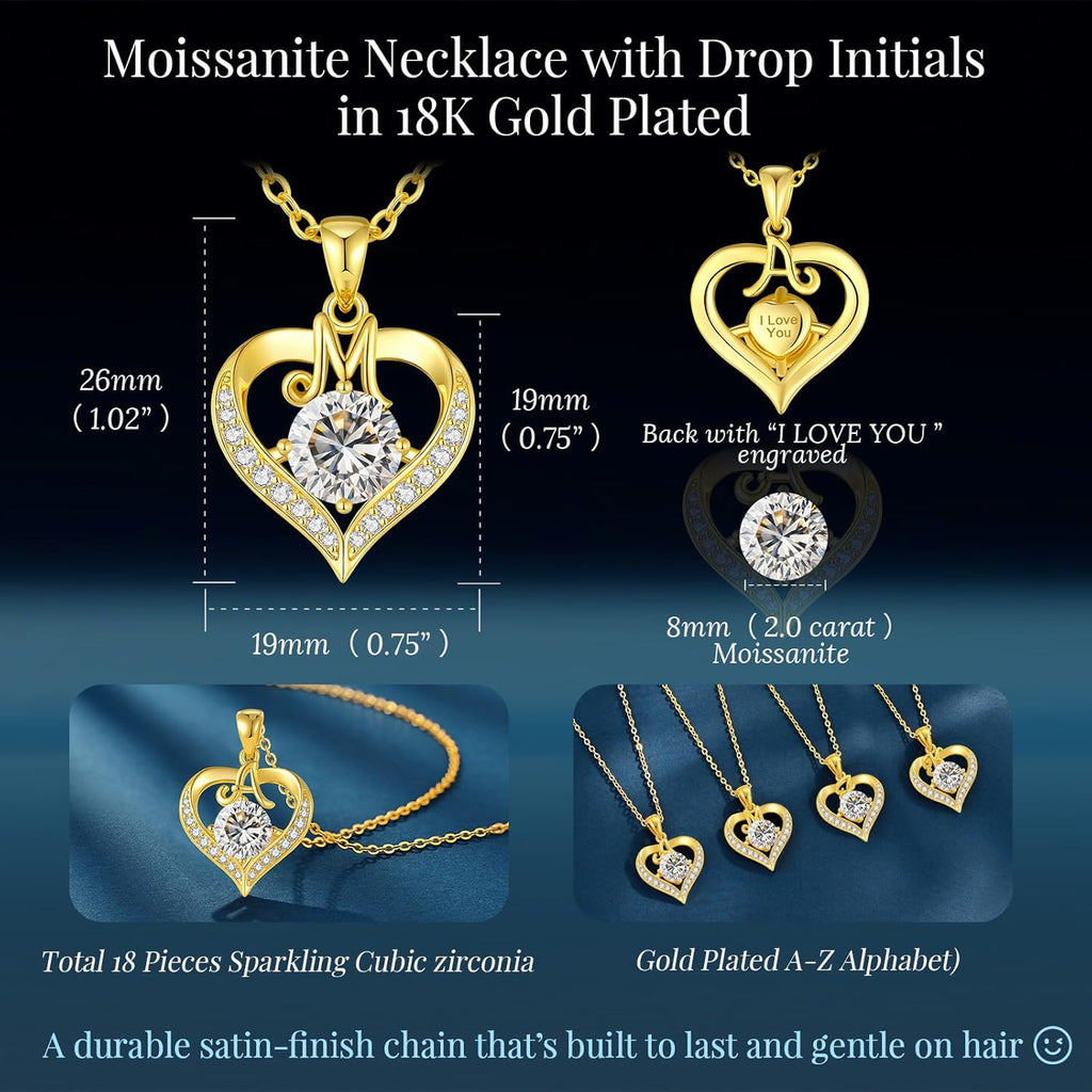 CDE Mothers Day Gifts 18K Gold Plated Initial Love Heart 2 Carat Moissanite Necklaces for Women 925 Sterling Silver Jewelry Christmas Anniversary Birthday Present Gifts for Wife Lady Girlfriend Her