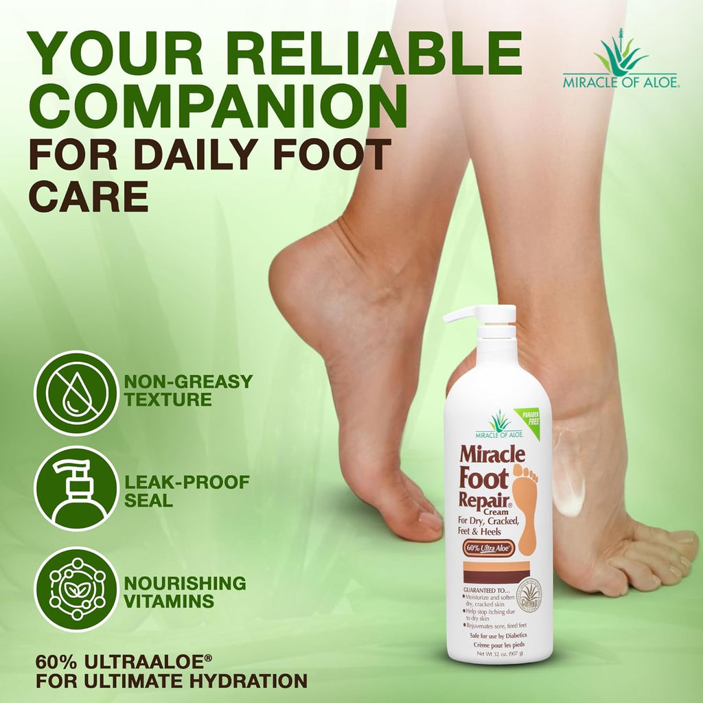 Miracle of Aloe Foot Repair Cream, 32 oz, 60% Pure UltraAloe, Non-Greasy Moisturizer for Dry, Cracked Feet and Callused Skin, Fast-Absorbing Deep Hydration, Diabetic Safe, Peppermint Scent