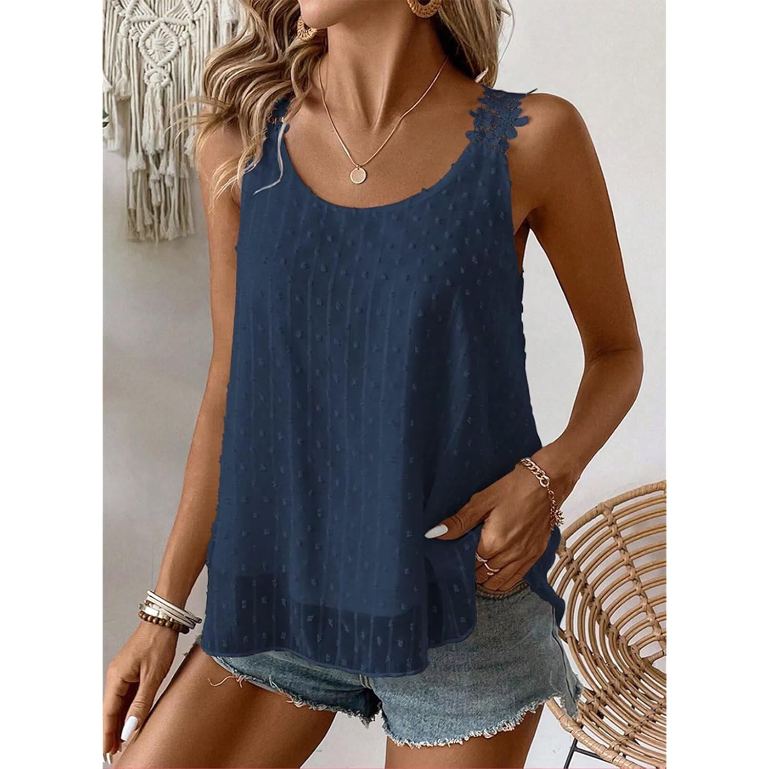 Womens Tank Tops Flowy Sleeveless Summer Boho Tank Top for Women Casual Crewneck Strap Lace Camisole Shirts