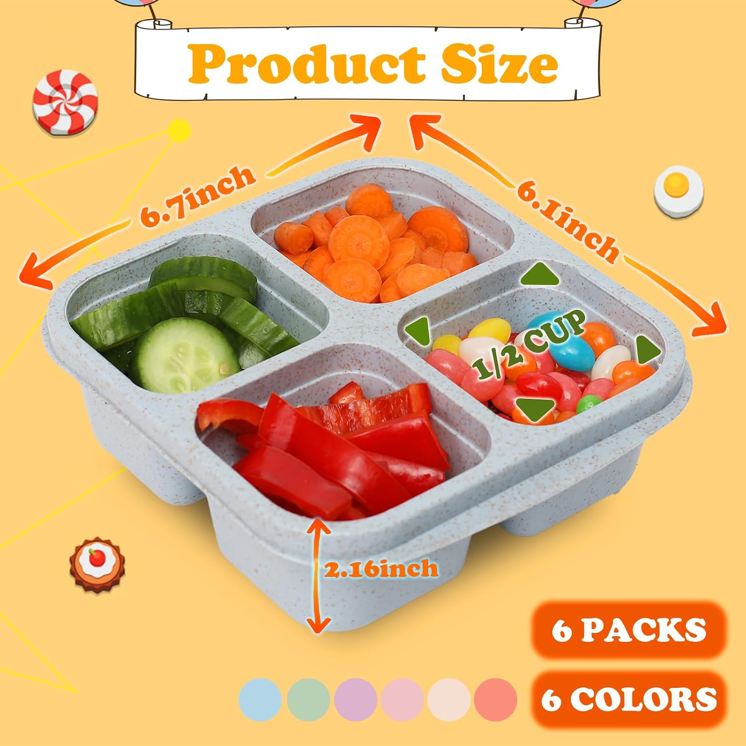 6 Pack Snack Containers, 4 Compartment Snack Box Containers Bento Box, Reusable Meal Prep Lunch Containers For Adults Kids Toddler, Divided Food Containers For Travel Work School