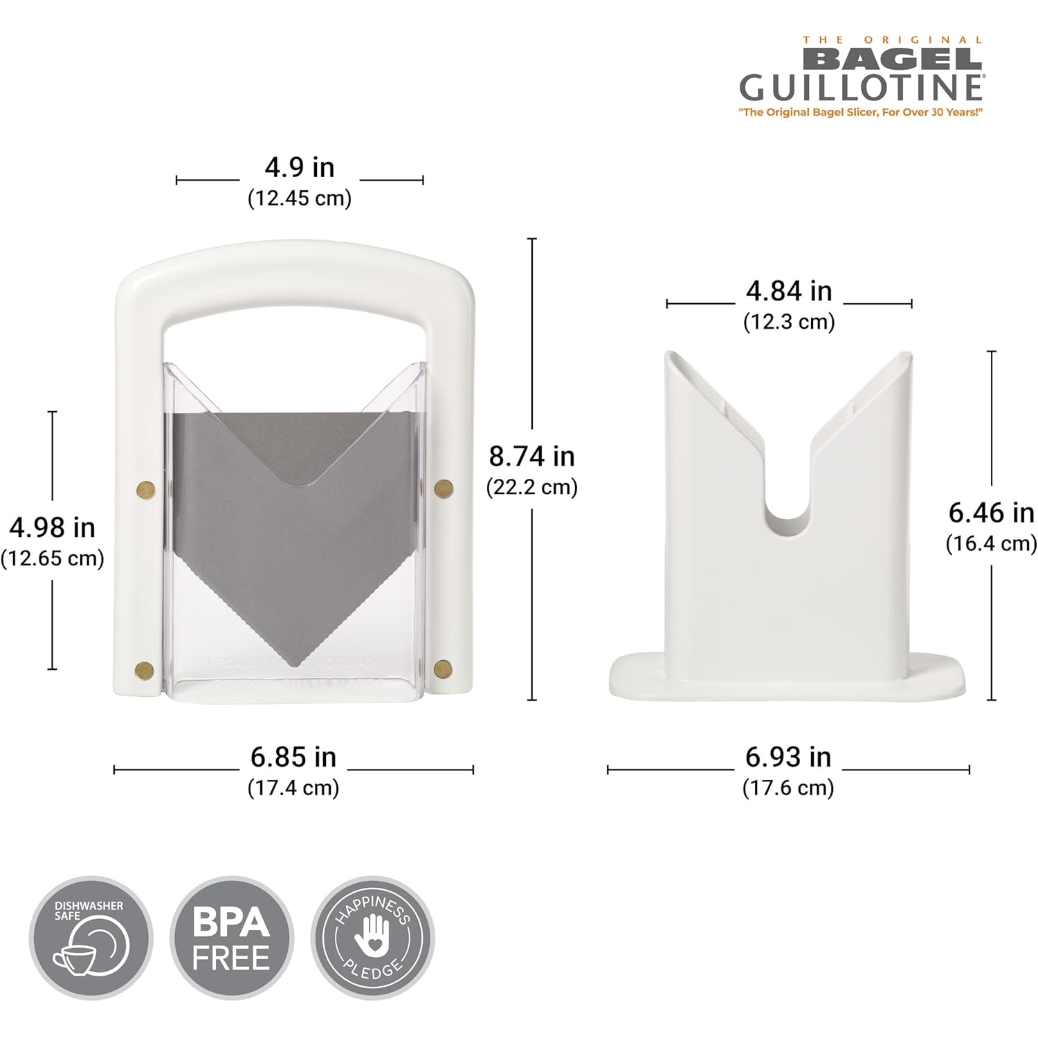 Hoan Bagel Biter Slicer and Cutter with Safety Shield - Serrated Blade Cuts Bagels, Muffins, Buns and Rolls - Dishwasher Safe Bagel Guillotine, 9.25 Inches Tall, White