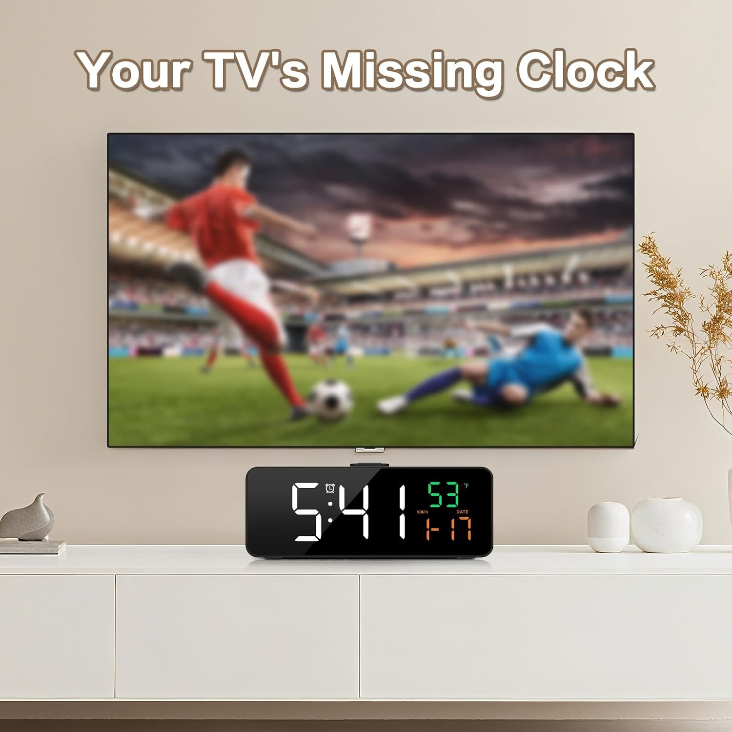 3-In-1 Digital Clocks For Living Room With Temperature, Date & Time Display - 4 Levels Birghtness, 3 Volumes, Small & Compact Plug-In Alarm Clock For Bedroom, Office (Black)