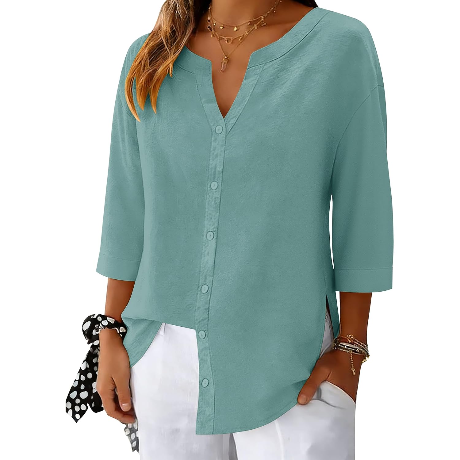 Lomon 3/4 Length Sleeve Womens Tops V Neck 3/4 Sleeve Sides Slit Button Down Shirts Cotton Linen Casual Loose Blouses