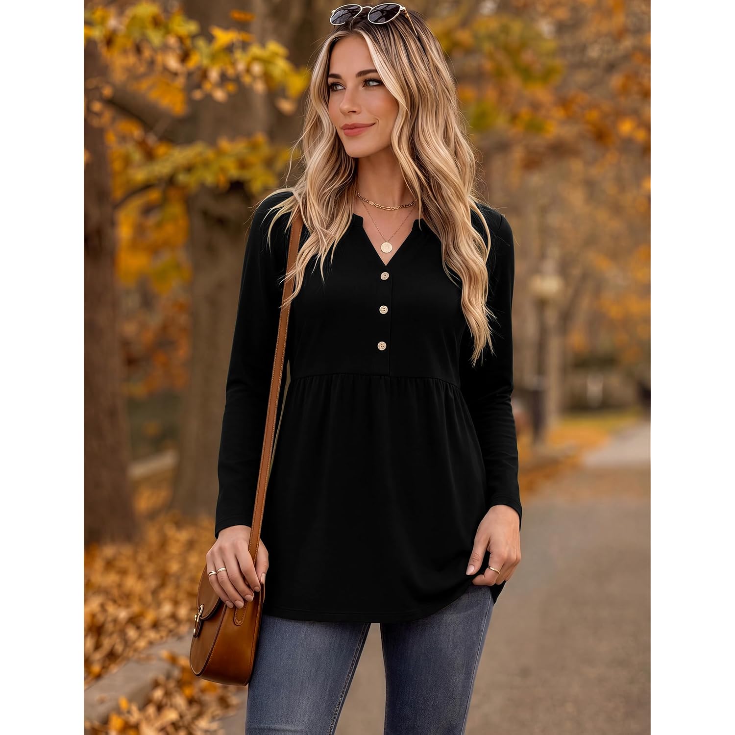 Zeagoo Women Blouses Long Sleeve Shirts Boho Henley V Neck Tops Business Casual Loose Pleated Fashion Clothing