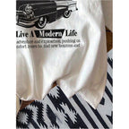 RoseSeek Women's Graphic Letter Tee Crew Neck Drop Shoulder Trendy Summer T Shirt Short Sleeve Vintage Car Print Top White