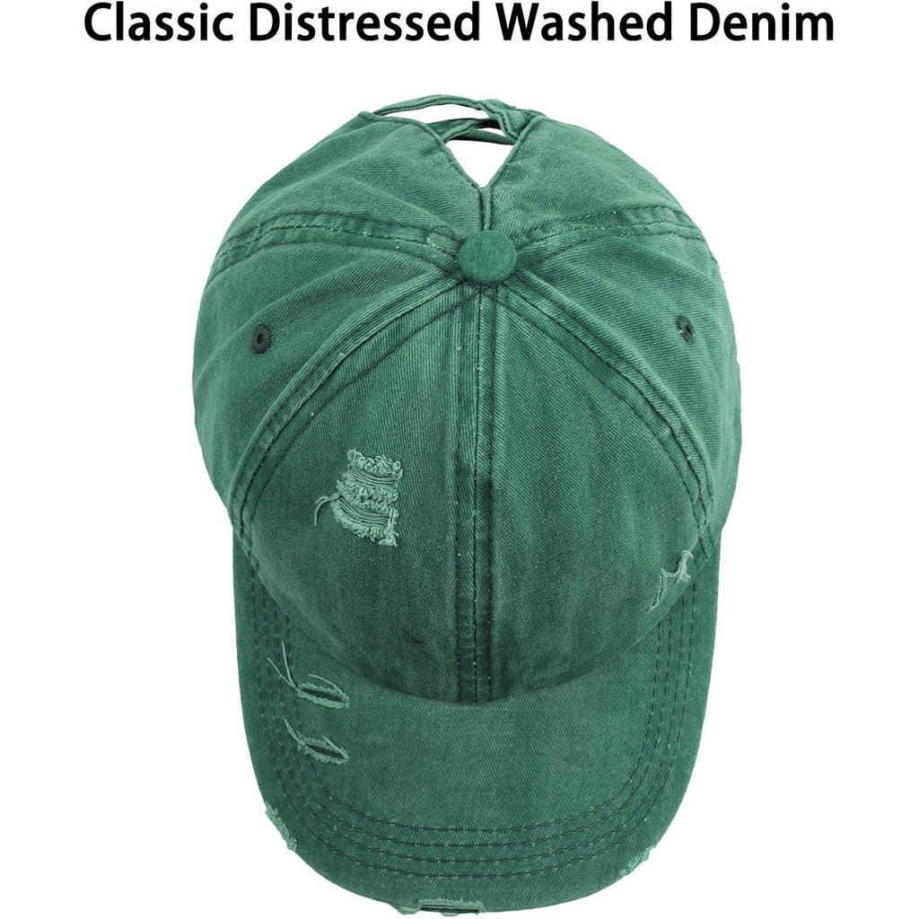 Women Distressed Ponytail Baseball Caps Adjustable Criss Cross Ponytail Hats High Messy Bun Ponycap Trucker Hat White