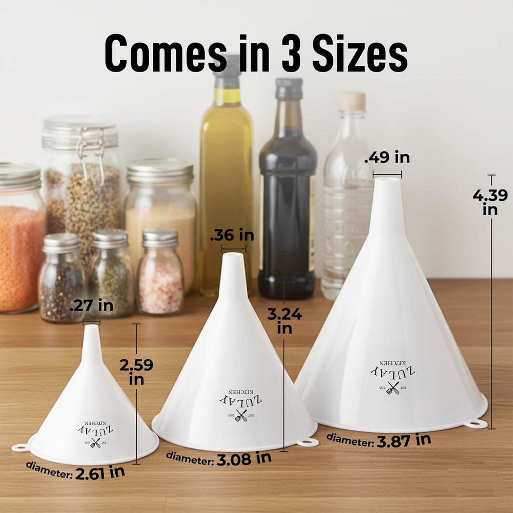 Zulay Kitchen 3-Piece Plastic Funnel Set - Large, Medium, And Small Kitchen Funnels Pouring Spout - For Filling Bottles Water Liquid, Protein Powder, Food Grade Cooking, Drink, Paint, Lotion, Kids