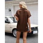 Womens Satin Blouse Short Sleeve Silk Tops Button Down Shirts Business Casual Outfits