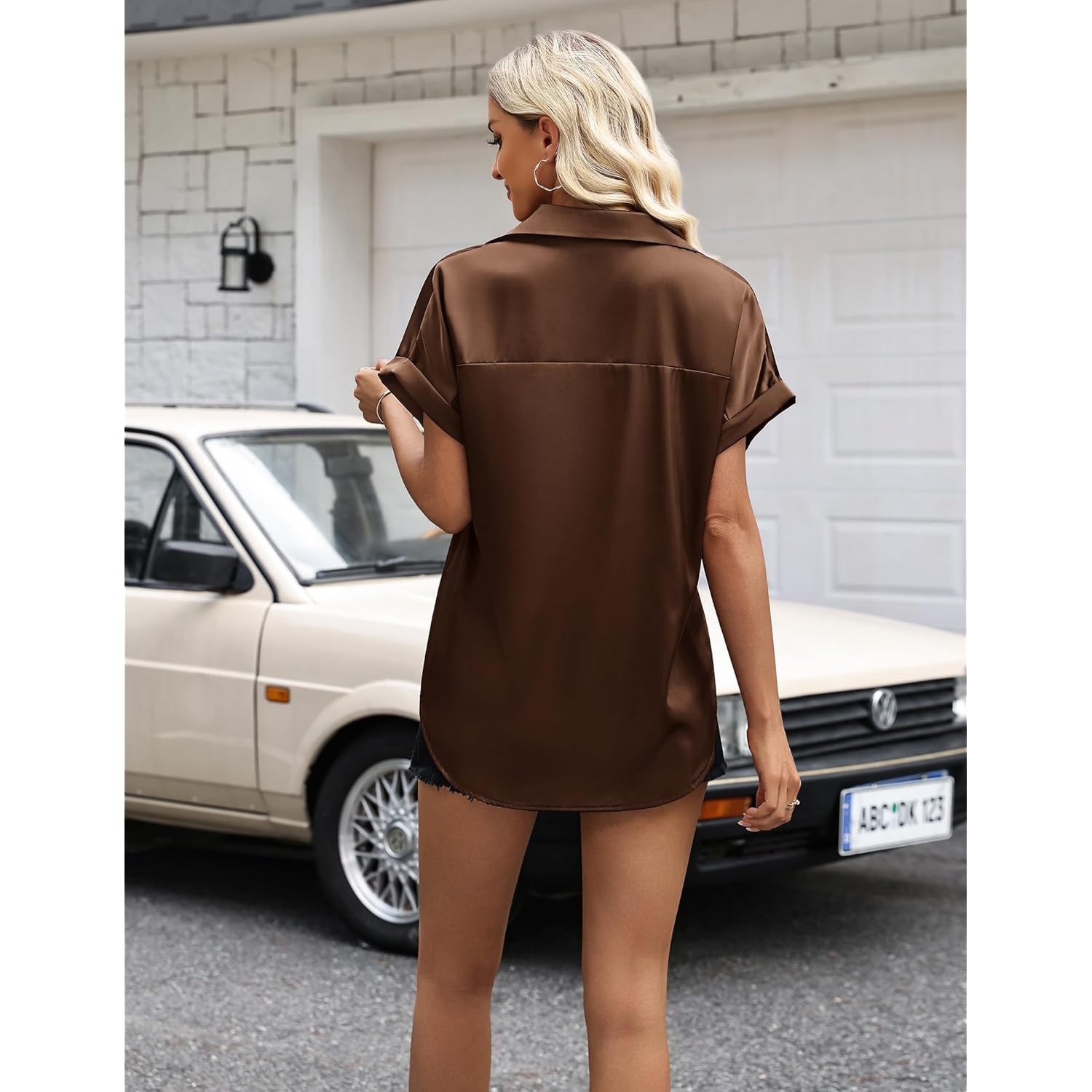 Womens Satin Blouse Short Sleeve Silk Tops Button Down Shirts Business Casual Outfits