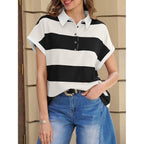 Womens Striped Polo Shirts Summer Short Sleeve Rugby Shirt Oversized Cotton Collared Casual Loose Cropped Tee Tops