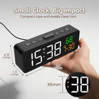 3-In-1 Digital Clocks For Living Room With Temperature, Date & Time Display - 4 Levels Birghtness, 3 Volumes, Small & Compact Plug-In Alarm Clock For Bedroom, Office (Black)