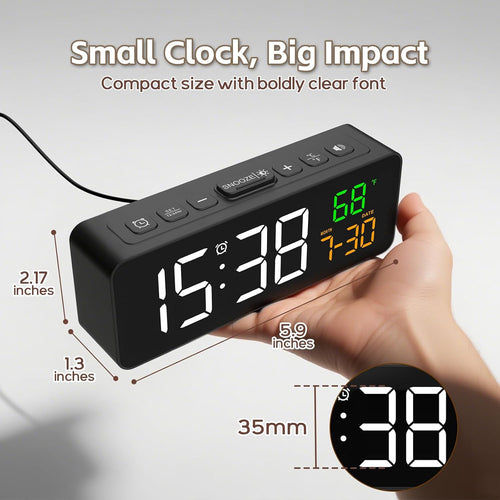 3-In-1 Digital Clocks For Living Room With Temperature, Date & Time Display - 4 Levels Birghtness, 3 Volumes, Small & Compact Plug-In Alarm Clock For Bedroom, Office (Black)