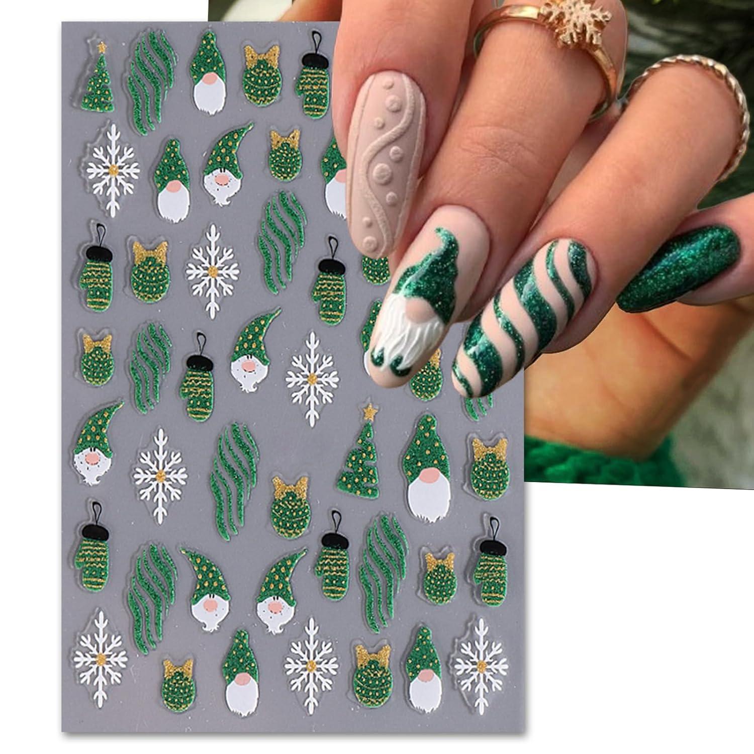 IDDFEVE Christmas Nail Art Stickers, Self-Adhesive Green Santa Hat Snowflake Elk Xmas Tree Design for Holiday Nail Decals, Pegatinas Uñas Navidad DIY Decorations (6 Sheets)