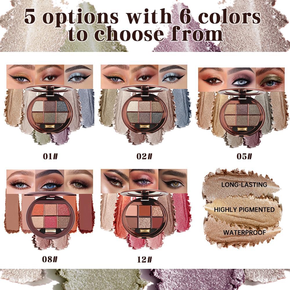 6 Color Matte Shimmer Eyeshadow Palette, Neutral Brown Eye Shadow, Nude Warm Tone Everyday Makeup Palette, Smooth Blendable Long Lasting Soft Glam Smokey Eye Look 12