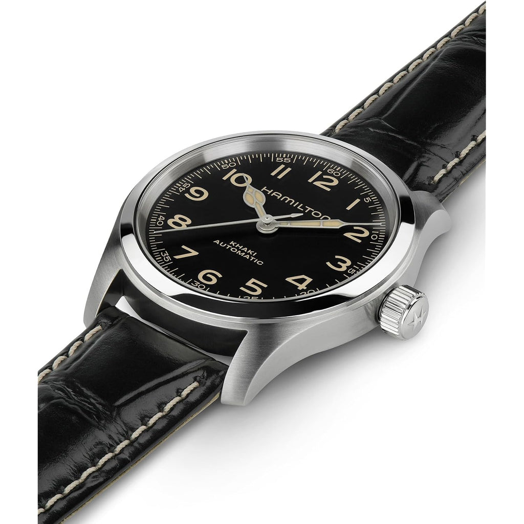 Hamilton Khaki Field Murph Automatic Men'S Watch, 38Mm Stainless Steel Case, Swiss Made, Black Dial Analog Wrist Watch For Men, 100M Waterproof, Sapphire Crystal, 3-Hand Movement, Cow Leather Strap