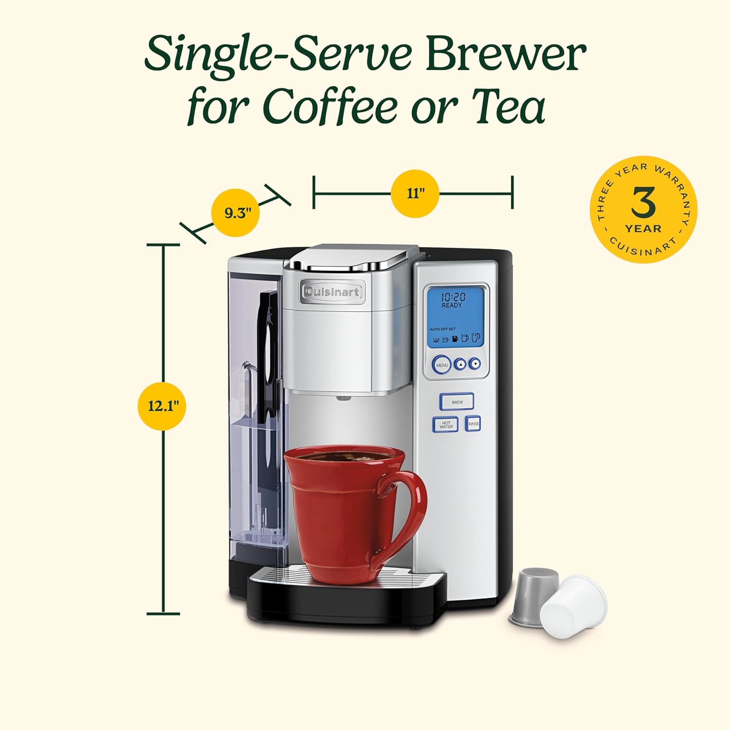 Cuisinart Coffee Maker, Single Serve 72-Ounce Reservoir Pod Coffee Machine, Programmable Brewing & Hot Water Dispenser, 3 Cup-Size Settings, Stainless Steel, SS-10P1, Silver
