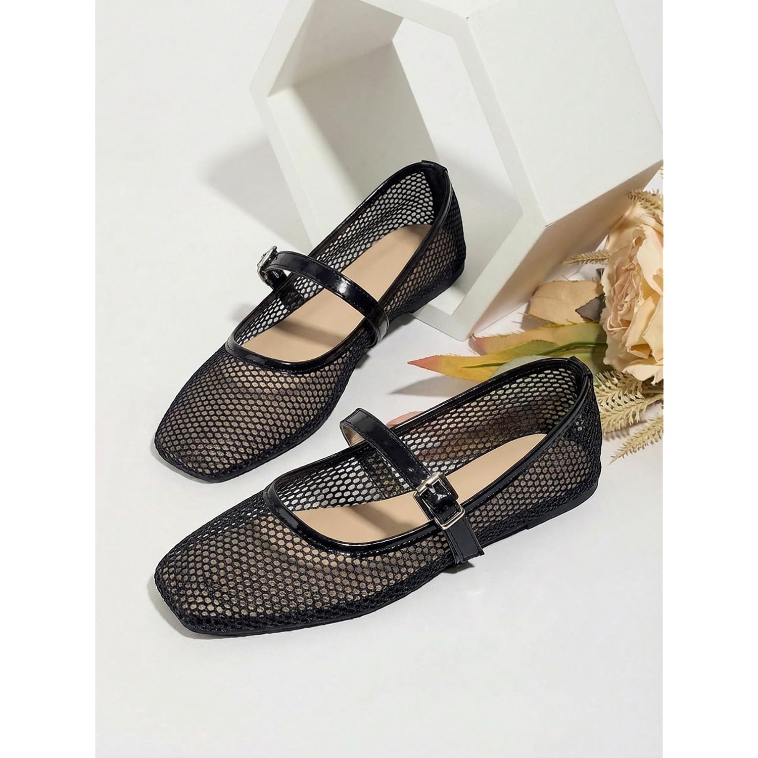 Milumia Leopard Mesh Ballet Flats For Women，Comfortable Dressy Square Closed Toe Maryjane Flat Ballerina Casual Work Shoes