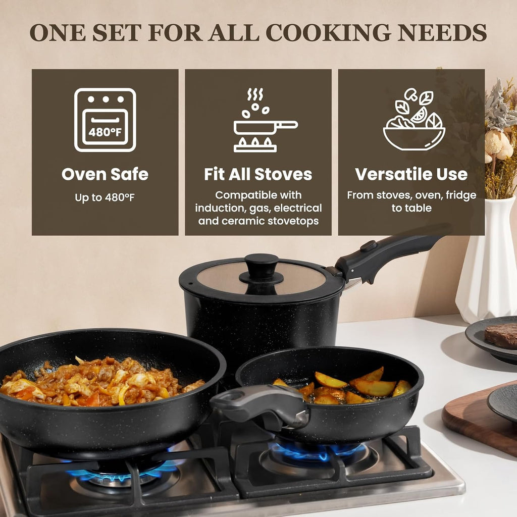 Nonstick Pots And Pans Set - 20 Pack Kikcoin Stackable Cookware Set With Detachable Handle, Rv Kitchen Cooking Set With Removable Handles - Oven Safe, Induction Ready (Black)
