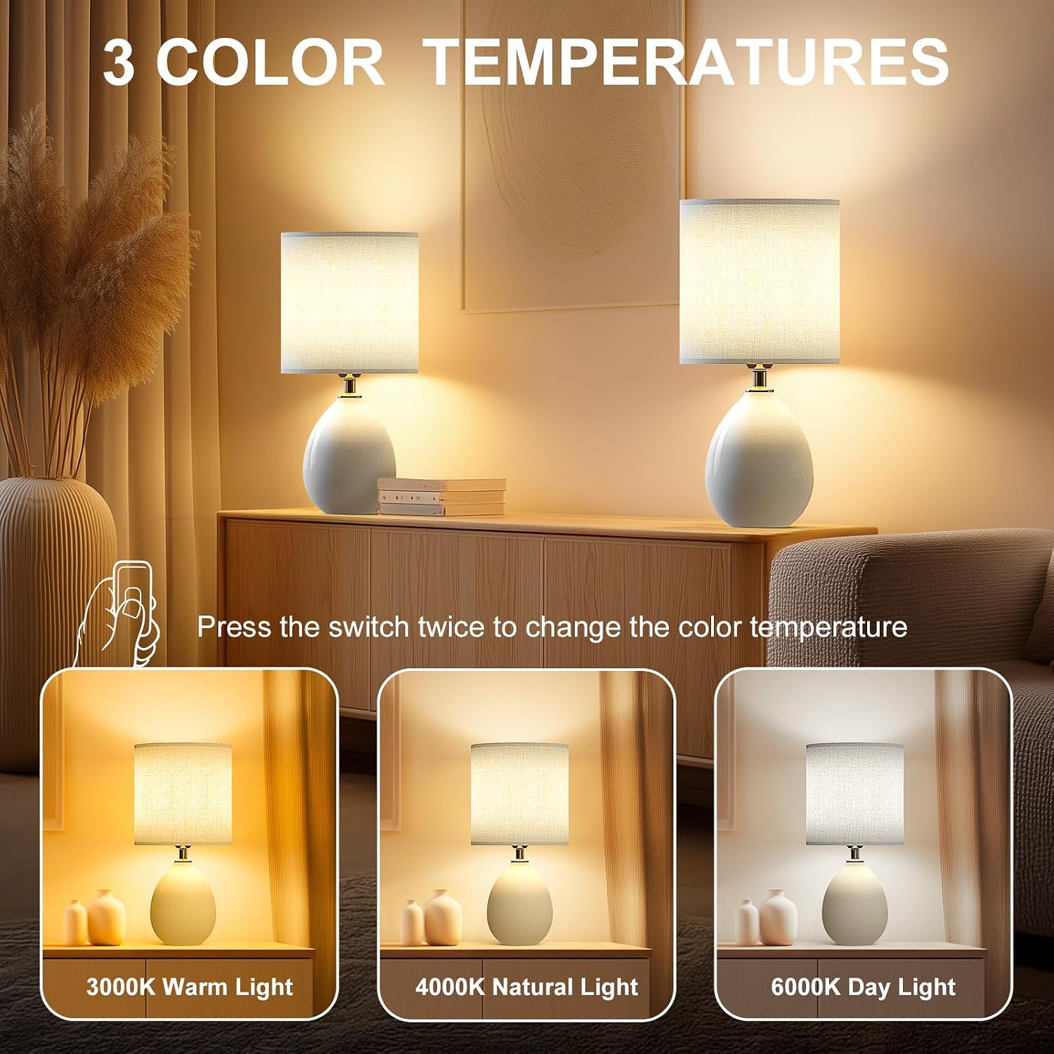 18.5" Table Lamps Set Of 2 For Living Room Bedroom, Bedside Lamps For Night Stands, Desk Nightstand Lamp Dimmable, Modern Linen Cream Ceramic Lamps