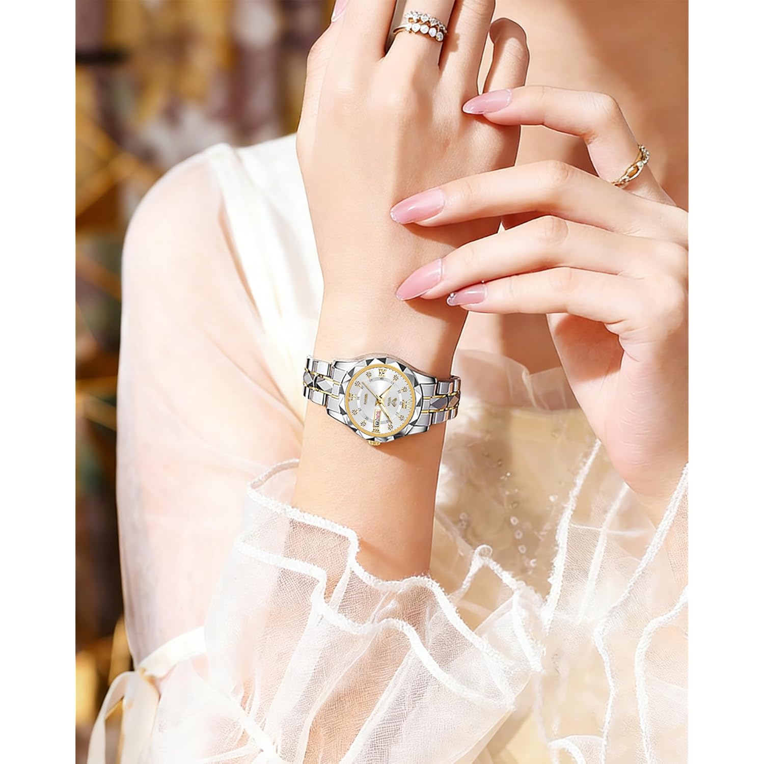 Vetra Womens Bracelet Watches Set Small Wrist Watches with Silver Gold Tone Diamond Stainless Steel Waterproof Luminous Date Display Watches for Ladies Reloj para Mujer