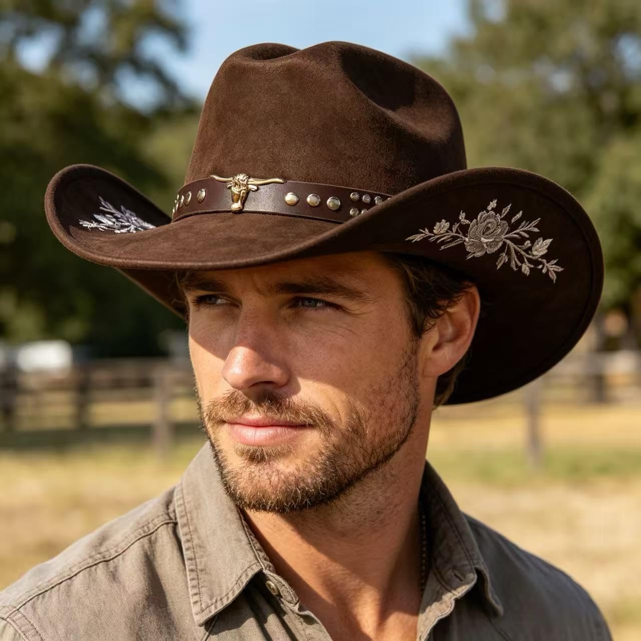 Women Men Western Cowboy Hat, Wide Brim Cattle Head Belted Floral Embroidery Cowgirl Hat Felt Jazz Cap for Rodeo Party Coffee