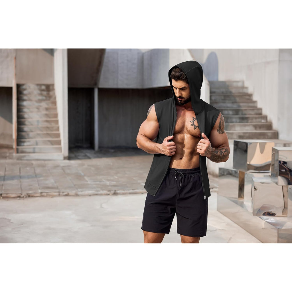 Coofandy Men'S Workout Hooded Tank Tops 2 Pack Zip Up Sleeveless Gym Shirts Muscle Cut Off T Shirt Bodybuilding Hoodies