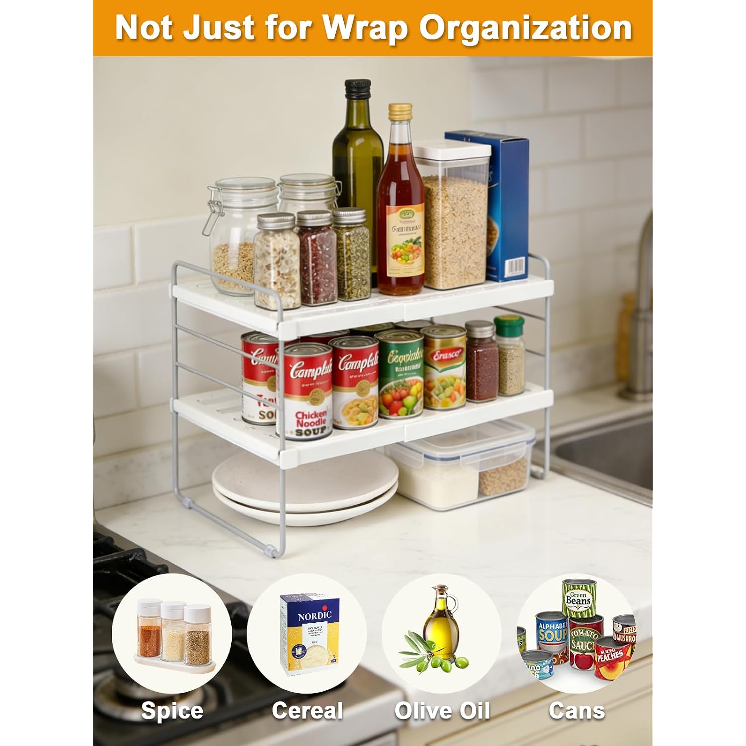 Jupeli Foil And Plastic Wrap Organizer, Expandable Kitchen Pantry Storage, Height Adjustable Cabinet Rack For Kitchen Organization, Aluminum Foil -3 Tier 9.8" To 15.6"L