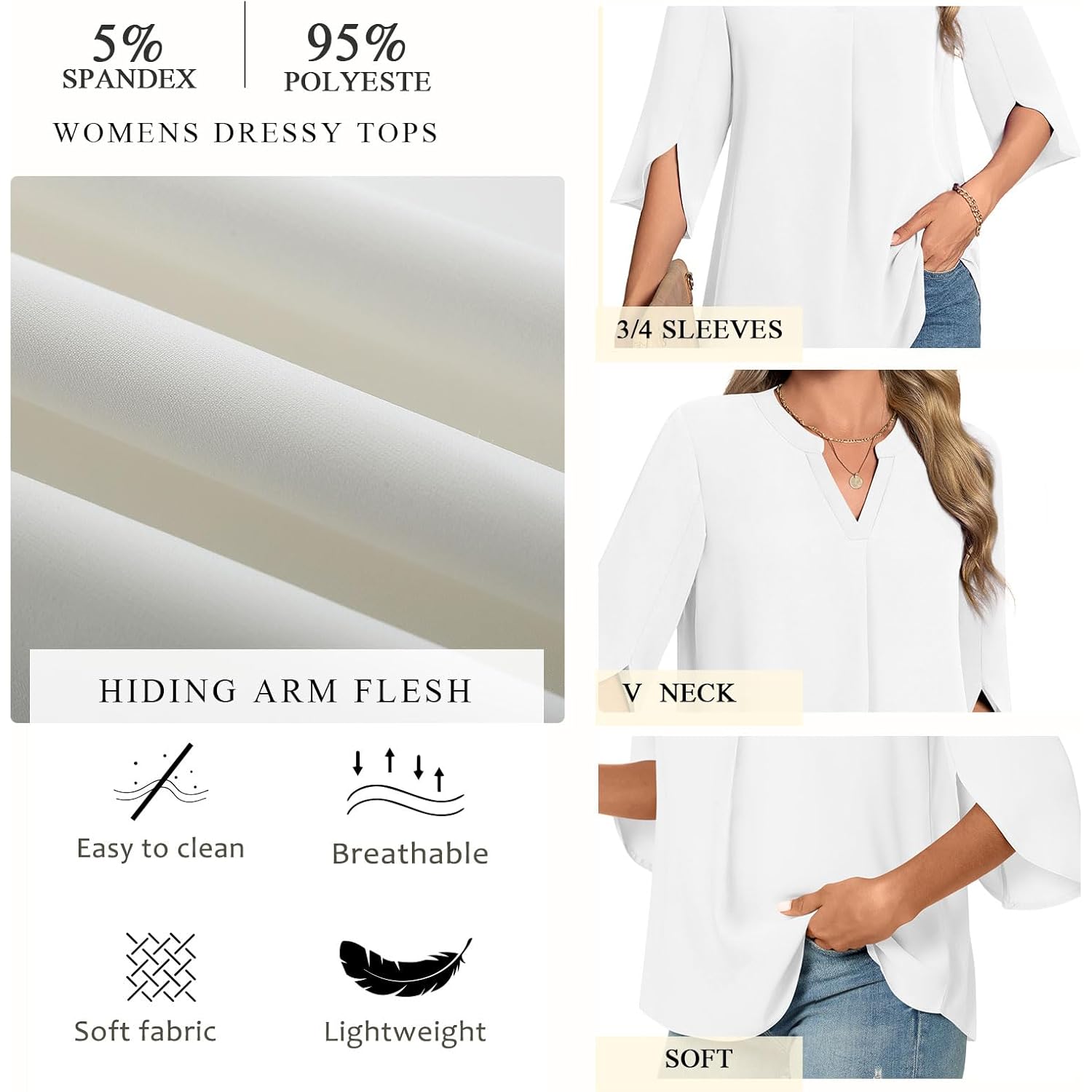 Womens Summer 3/4 Length Sleeve Tunic Tops Plus Size V-Neck Blouses for Women Dressy Casual