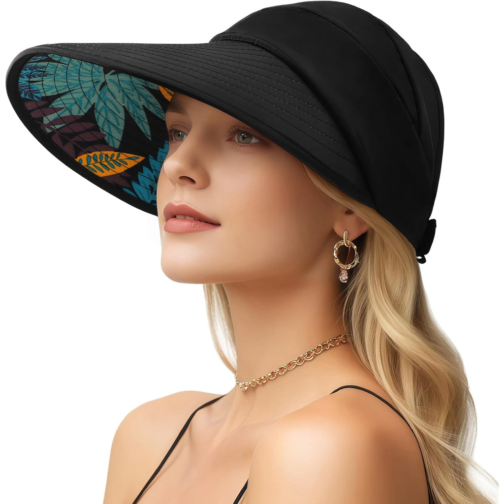 Sun Hats for Women, Wide Brim Beach Hats UV Protection, Packable Visor Ponytail Sunhat for Summer