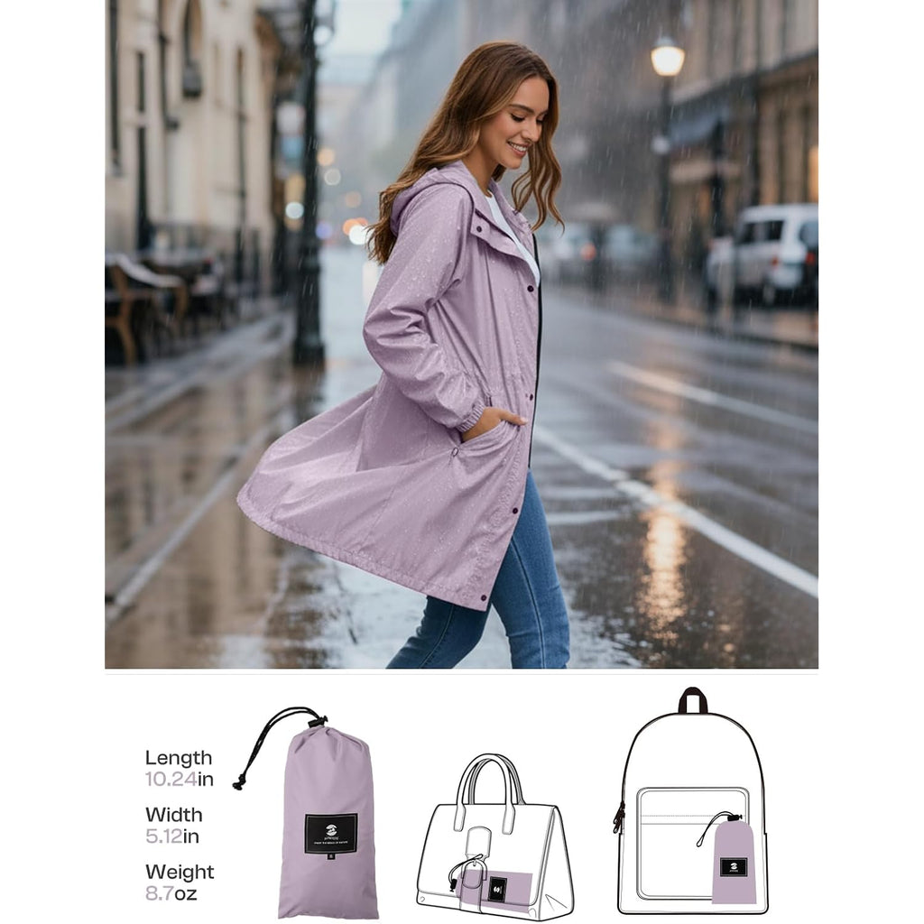 Saphirose Women'S Lightweight Long Rain Jacket Packable Raincoat Hooded Outdoor Trench Coats