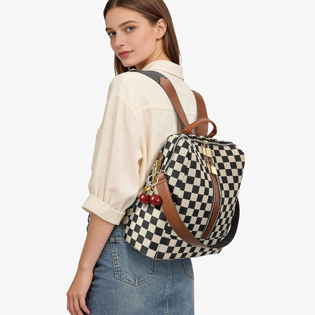 Small Backpack Purse For Women Checkered Back Pack Purses Ladies Backpack Handbags With Cherry Pendant Work Travel