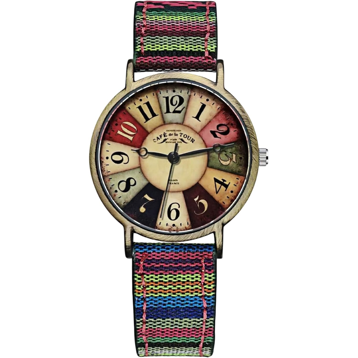 Gosasa Vintage Elegant Boho Hippie Style Quartz Watch for Women, Large Arabic Numerals Dial Creative Dress Colorful Ladies Watch, Fashion Casual Women Wristwatch with Rainbow Woven Strap