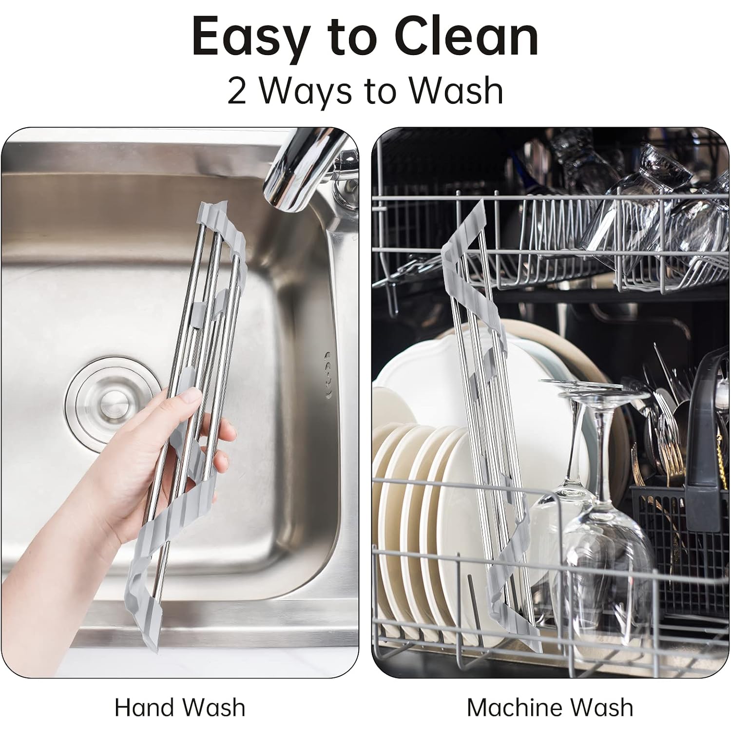 Tomorotec Triangle Roll-Up Dish Drying Rack For Sink Corner Small Foldable Stainless Steel Over The Sink Multipurpose Kitchen Drainer Caddy Organizer Storage Space Saver Shelf Holder (Gray)