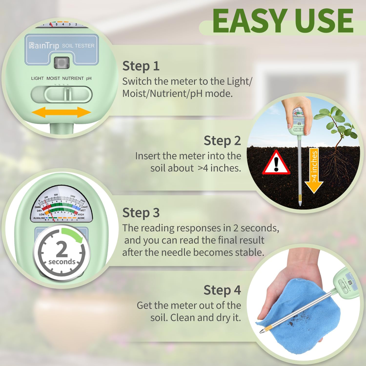 Soil Moisture Meter,4-In-1 Soil Ph Meter, Soil Tester For Moisture, Light,Nutrients, Ph,Soil Ph Test Kit, Great For Garden, Lawn, Farm, No Battery Required, Gifts For Plants Lover