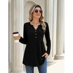 Zeagoo Women Blouses Long Sleeve Shirts Boho Henley V Neck Tops Business Casual Loose Pleated Fashion Clothing