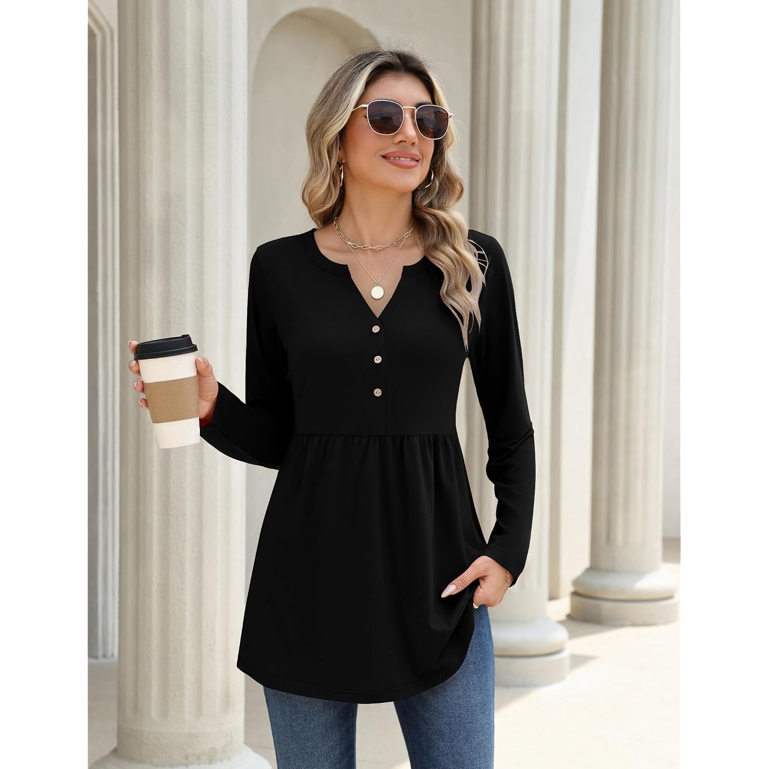 Zeagoo Women Blouses Long Sleeve Shirts Boho Henley V Neck Tops Business Casual Loose Pleated Fashion Clothing