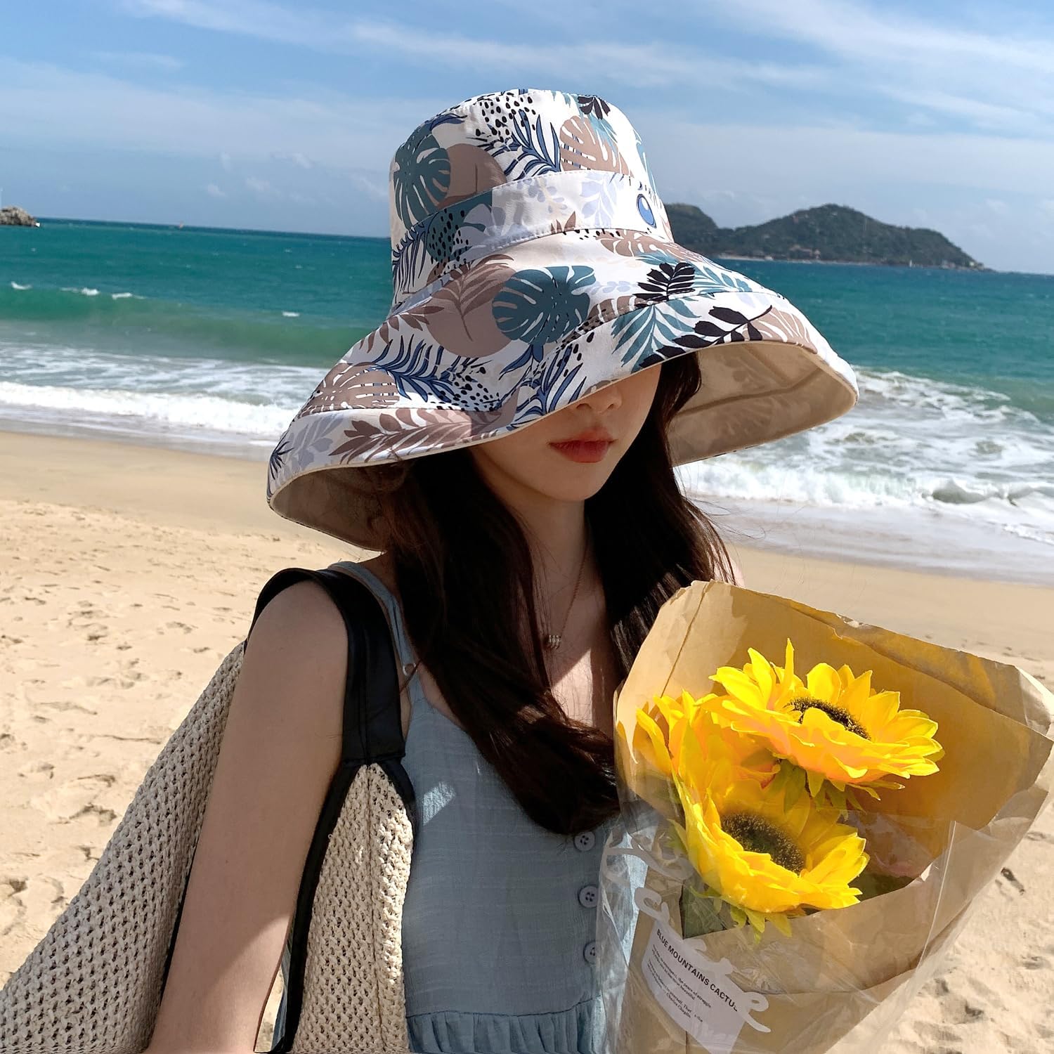 HUAMULAN Women Wide Brim Summer Sun Hat Wired Edge Beach Bucket Fishing Hats Reversible Foldable Travel UV Protection