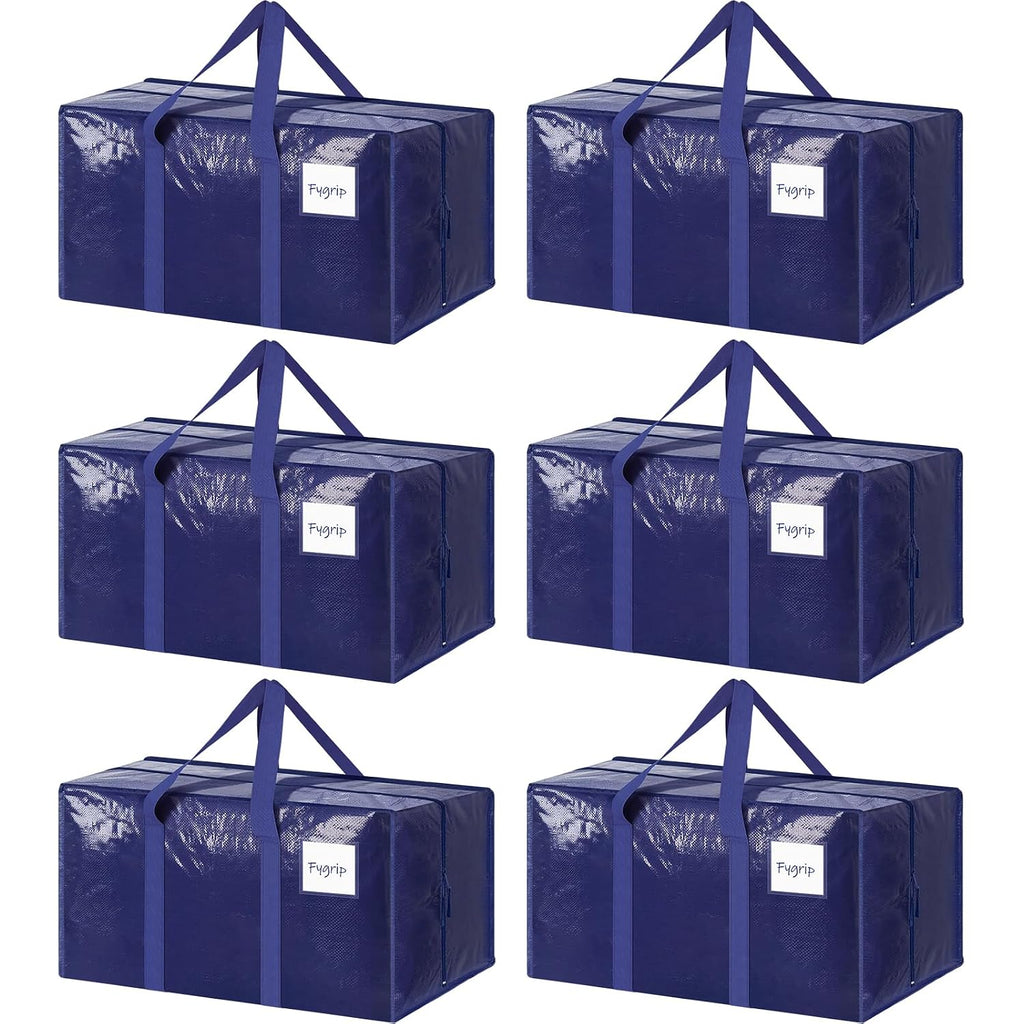 6 Pack Extra Heavy Duty Large Moving Bags With Strong Zipper & Comfortable Handles, Sturdy & Durable Clothes Storage Bags Totes Bins, Blue Packing Moving Boxes For College Supplies, Dark Blue