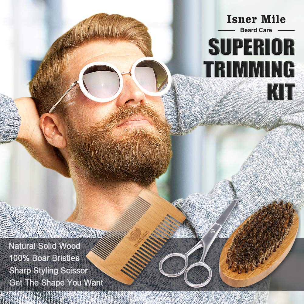 Isner Mile Beard Grooming Kit for Men Care: with Beard Oil Balm Wash Brush Comb & Straight Razor, Birthday Valentines Fathers Gifts for Men Him Boyfriend Husband Coworker, Christmas Stocking Stuffers