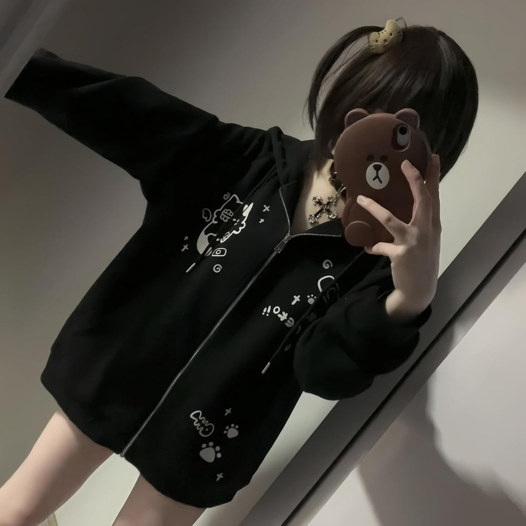 Womens Y2K Zip Up Cute Graphic Hoodies Cat Ears Casual Cartoon Harajuku Kawaii Clothes Oversize Streetwear Jacket