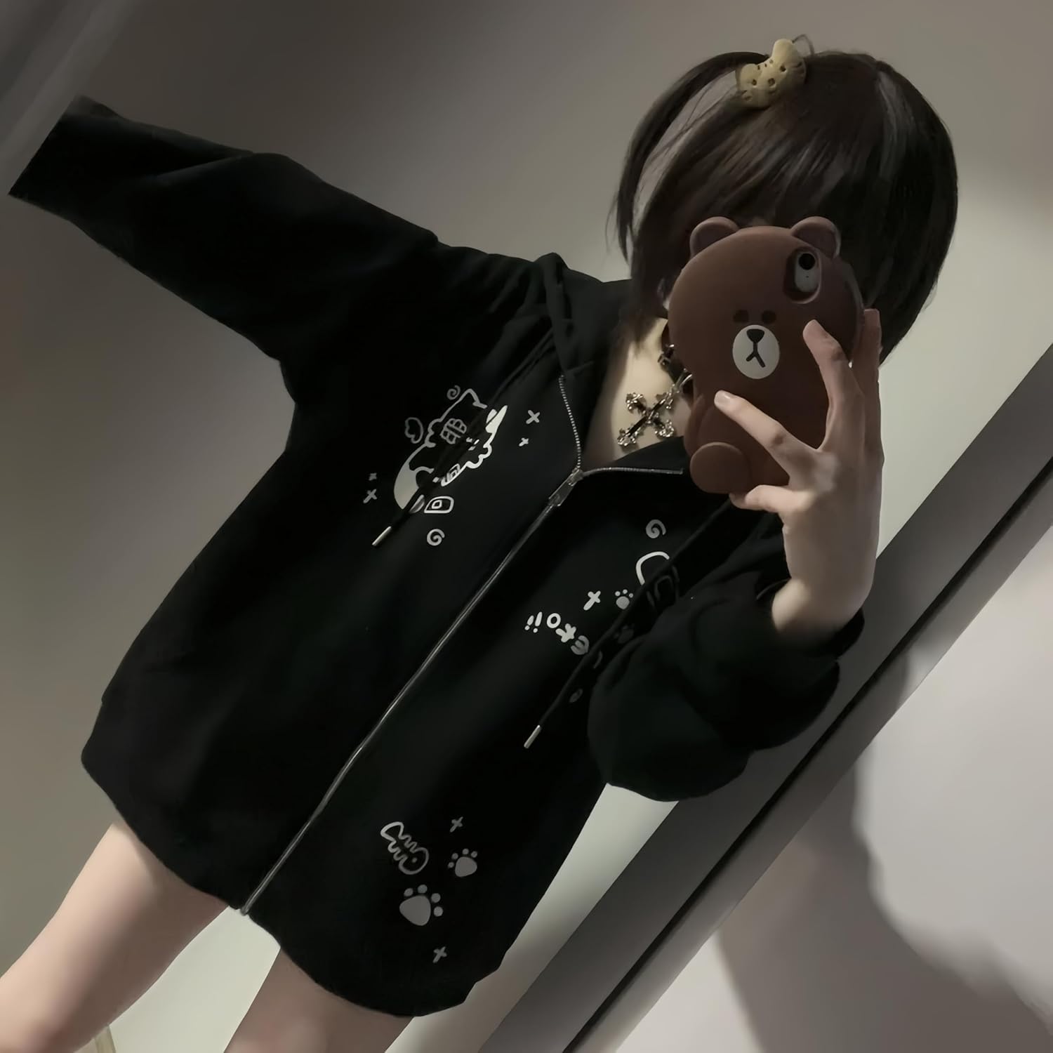 Womens Y2K Zip Up Cute Graphic Hoodies Cat Ears Casual Cartoon Harajuku Kawaii Clothes Oversize Streetwear Jacket