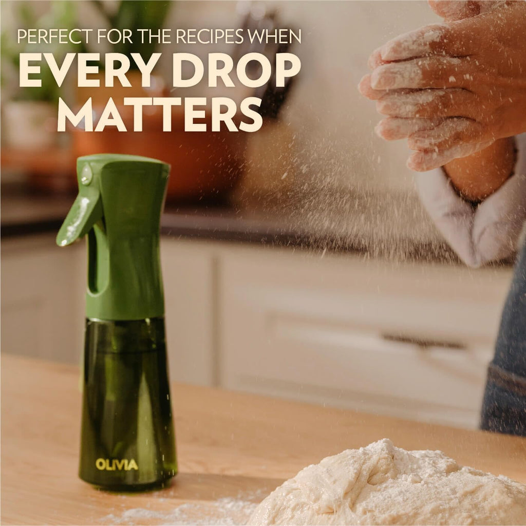 Olivia Signature Advanced Kitchen Oil Sprayer With Flairosol Technology, Fine Mist & Portion Control, Refillable Glass Olive Oil Cooking Spray Bottle For Air Fryer, Salad, Bbq, 200Ml (Green, Gold)