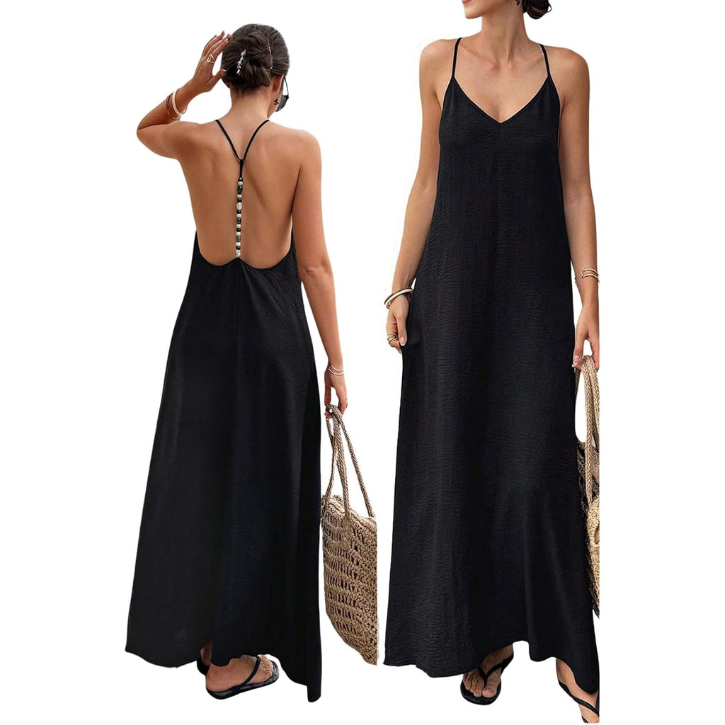 Verdusa Women'S Backless Cami Dresses Linen Maxi Dress Sundress Open Back Vacation Beach Summer Outfits