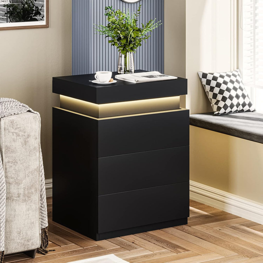 Adorneve Black Nightstand With Charging Station And Led Lights | Modern Night Stand With Sliding Top,Bedside Table With Drawers,Bed Side Tables Bedroom